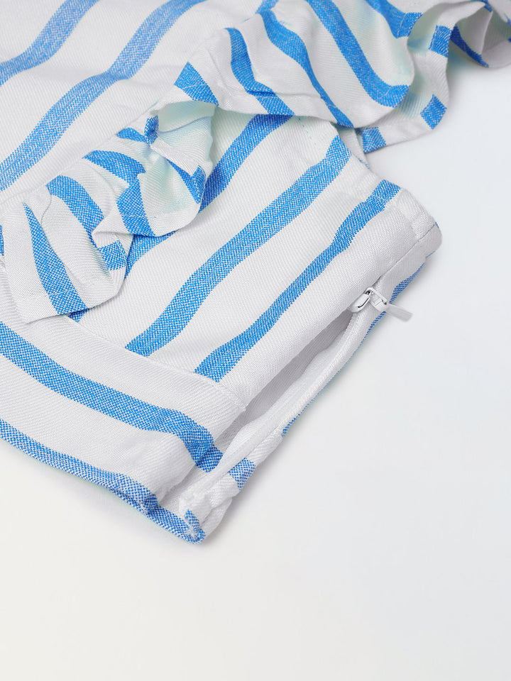 White/Blue Cotton Square Neck Stripe Co-Ord For  Girls