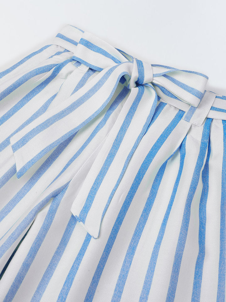 White/Blue Cotton Square Neck Stripe Co-Ord For  Girls