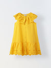 Yellow Cotton Round Neck Schiffli Dress For Girls