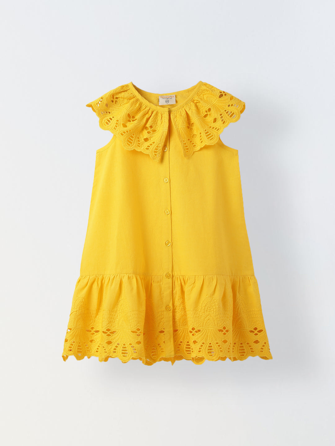 Yellow Cotton Round Neck Schiffli Dress For Girls