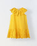 Yellow Cotton Round Neck Schiffli Dress For Girls