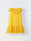 Yellow Cotton Round Neck Schiffli Dress For Girls