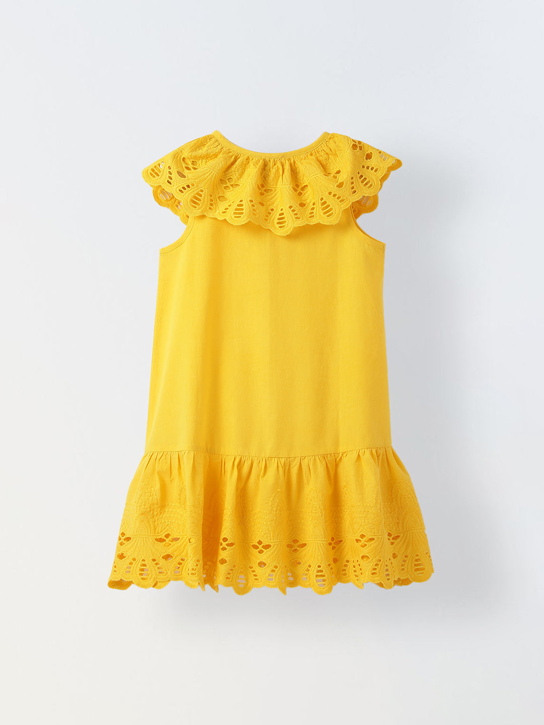 Yellow Cotton Round Neck Schiffli Dress For Girls