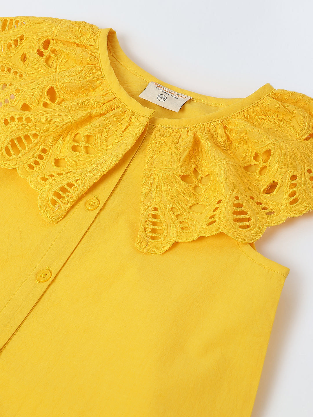 Yellow Cotton Round Neck Schiffli Dress For Girls