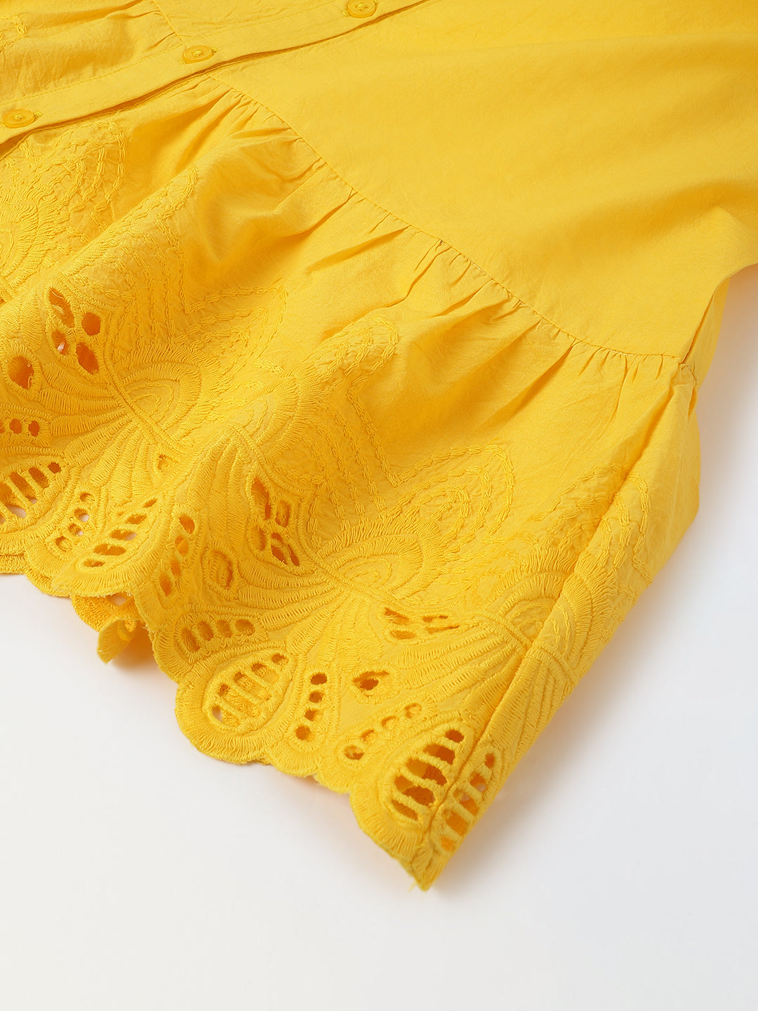 Yellow Cotton Round Neck Schiffli Dress For Girls