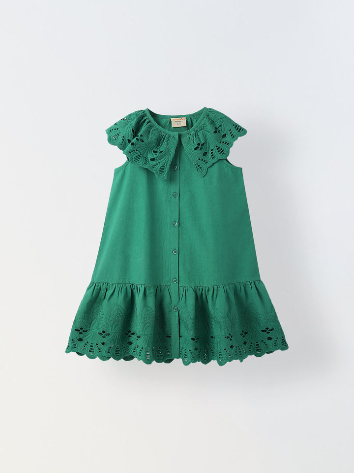 Green Cotton Round Neck Schiffli Dress For Girls