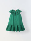 Green Cotton Round Neck Schiffli Dress For Girls
