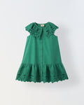 Green Cotton Round Neck Schiffli Dress For Girls