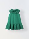 Green Cotton Round Neck Schiffli Dress For Girls