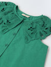 Green Cotton Round Neck Schiffli Dress For Girls