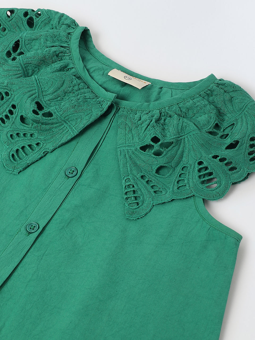 Green Cotton Round Neck Schiffli Dress For Girls