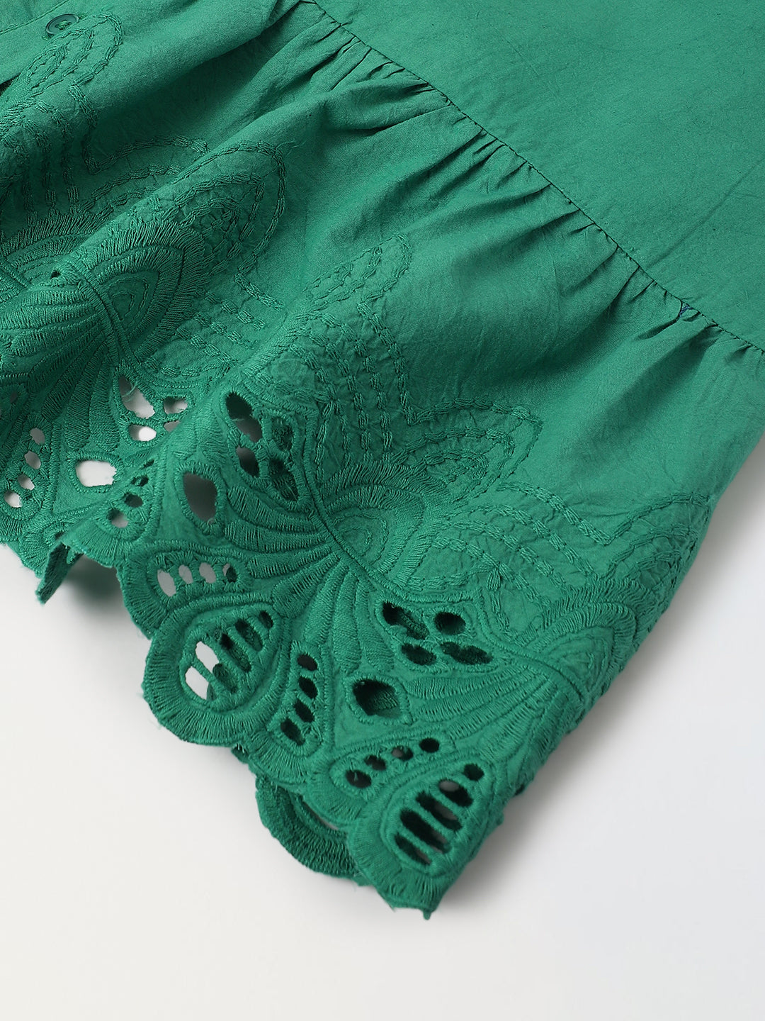 Green Cotton Round Neck Schiffli Dress For Girls