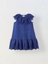 Blue Cotton Round Neck Schiffli Dress For Girls
