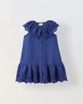 Blue Cotton Round Neck Schiffli Dress For Girls