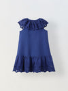 Blue Cotton Round Neck Schiffli Dress For Girls