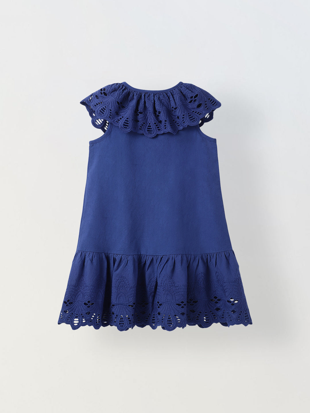 Blue Cotton Round Neck Schiffli Dress For Girls
