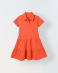 Spunkies Red Girls Solid Collared Short Sleeves Tiered Dress