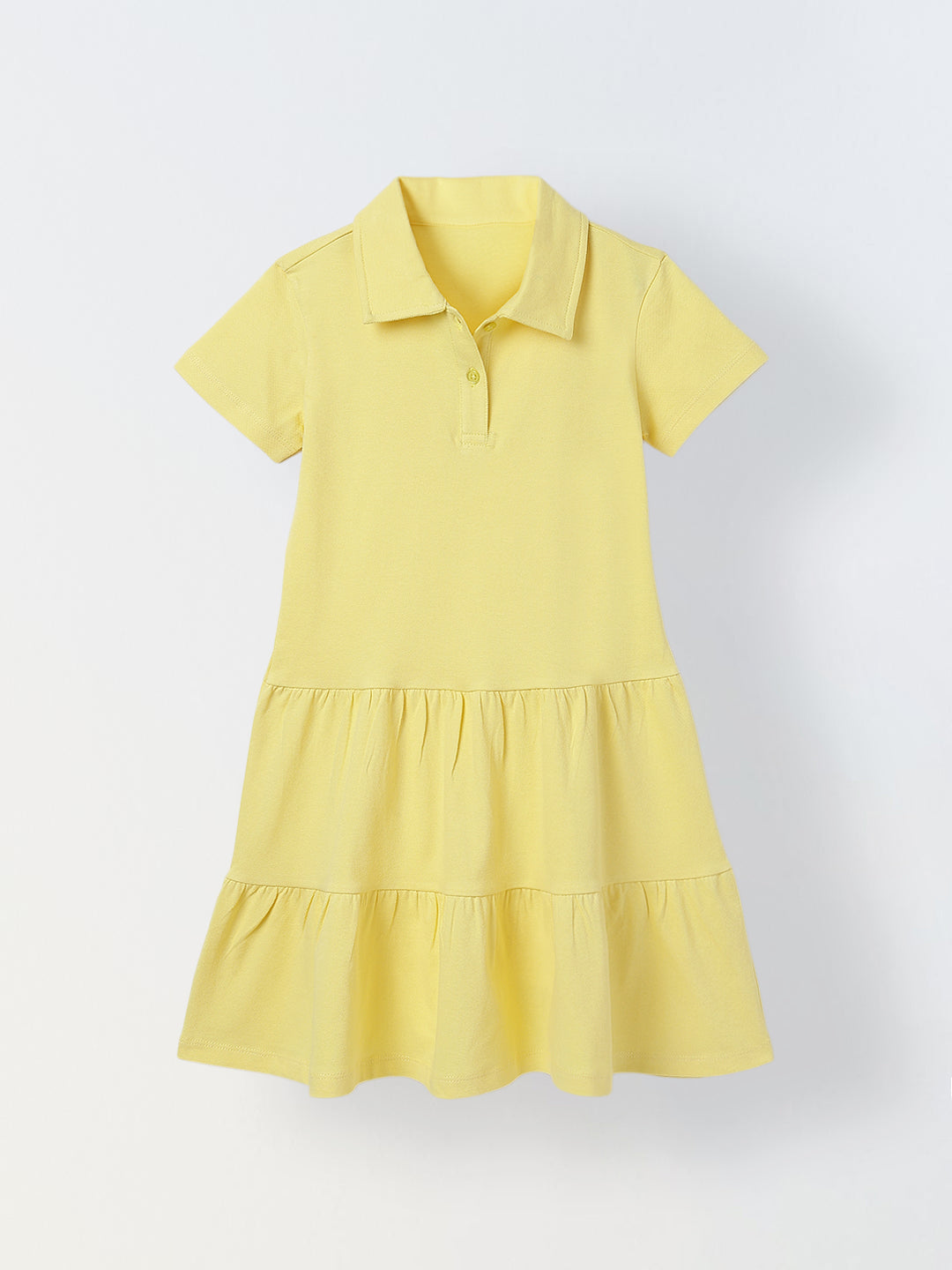 Spunkies Yellow Girls Solid Collared Short Sleeves Tiered Dress