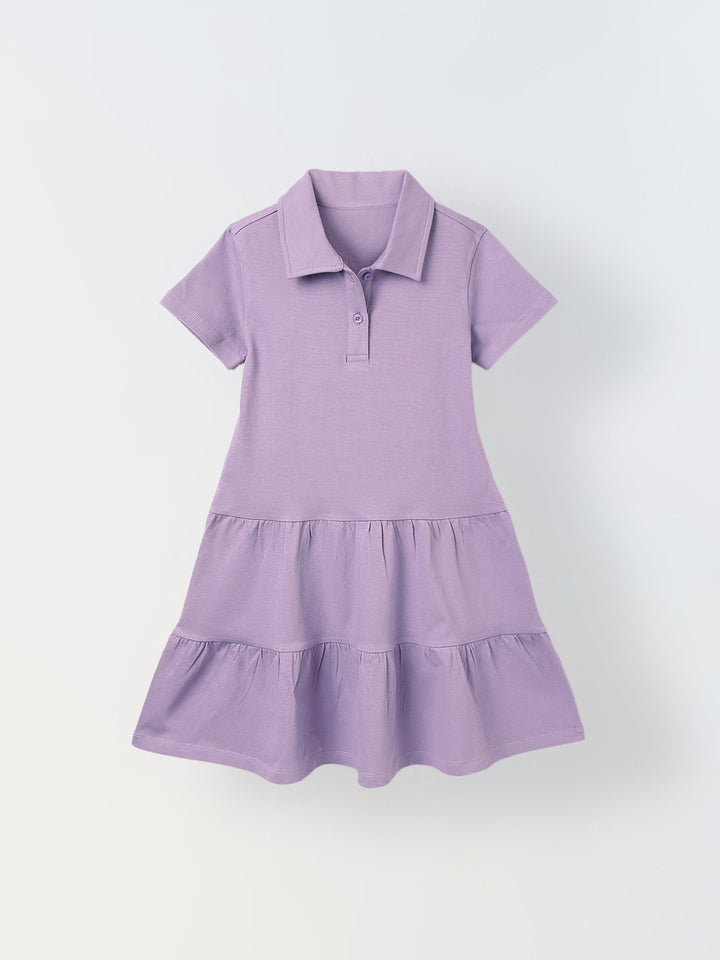 Spunkies Purple Girls Solid Collared Short Sleeves Tiered Dress
