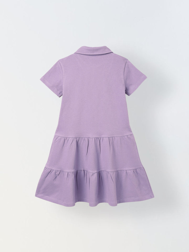 Spunkies Purple Girls Solid Collared Short Sleeves Tiered Dress