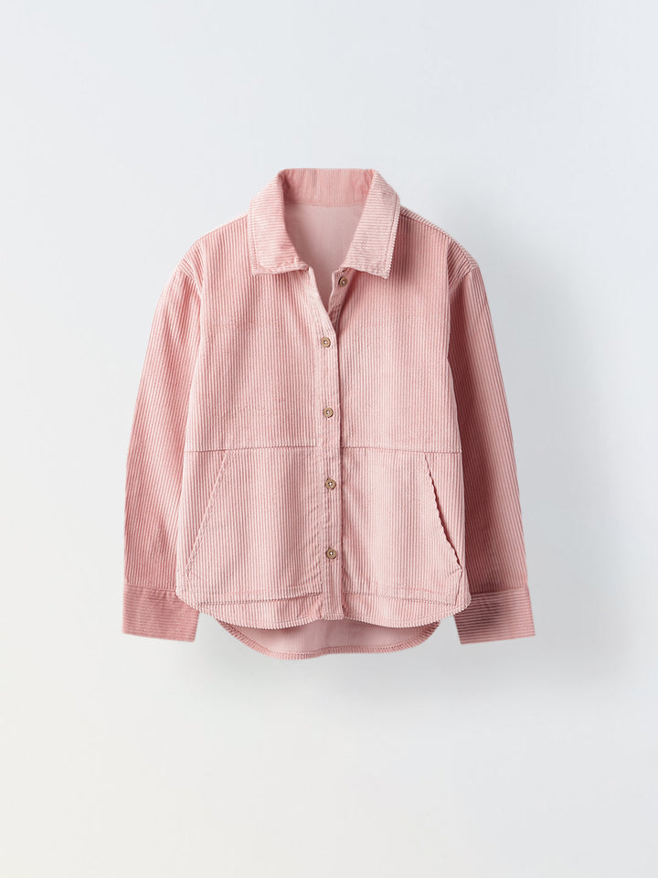 Girls Pink Rib Texture Corduroy Jacket with Dual Packet