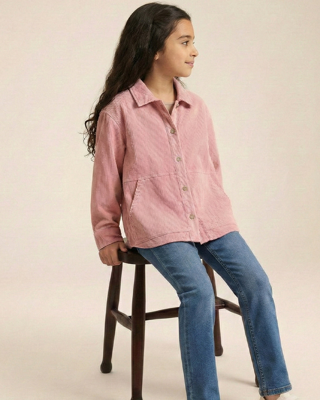Girls Pink Rib Texture Corduroy Jacket with Dual Packet