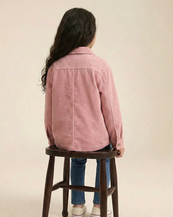 Girls Pink Rib Texture Corduroy Jacket with Dual Packet