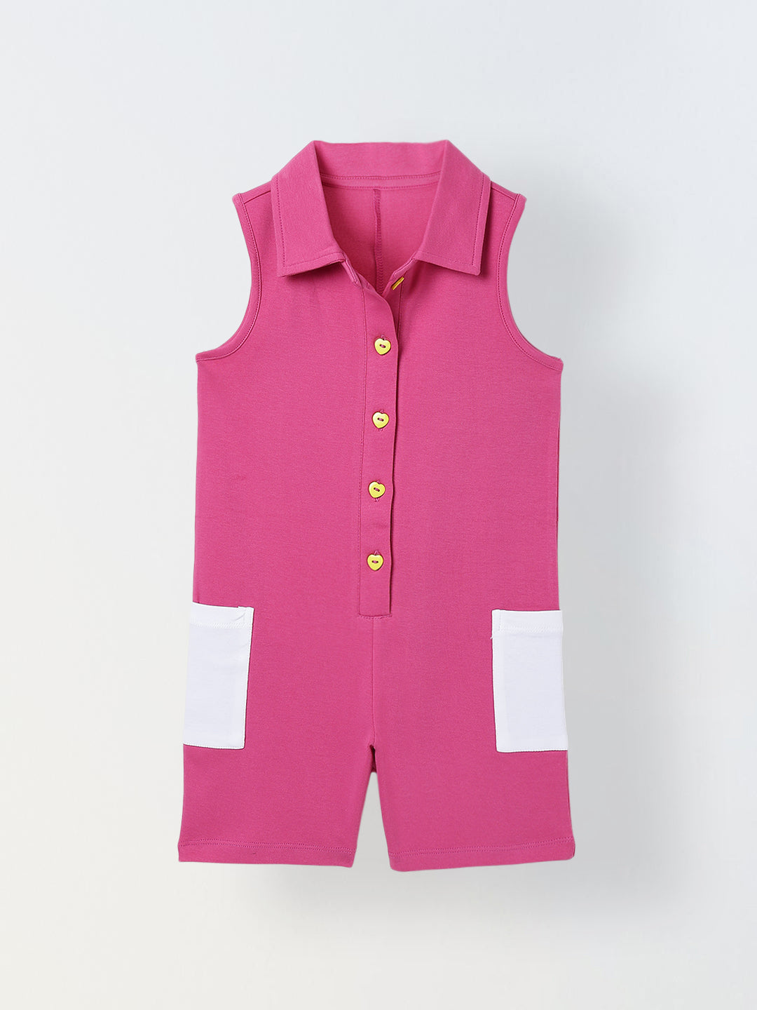 Spunkies Pink Girls Color-Blocked Spread Collar Sleeveless Jumpsuit