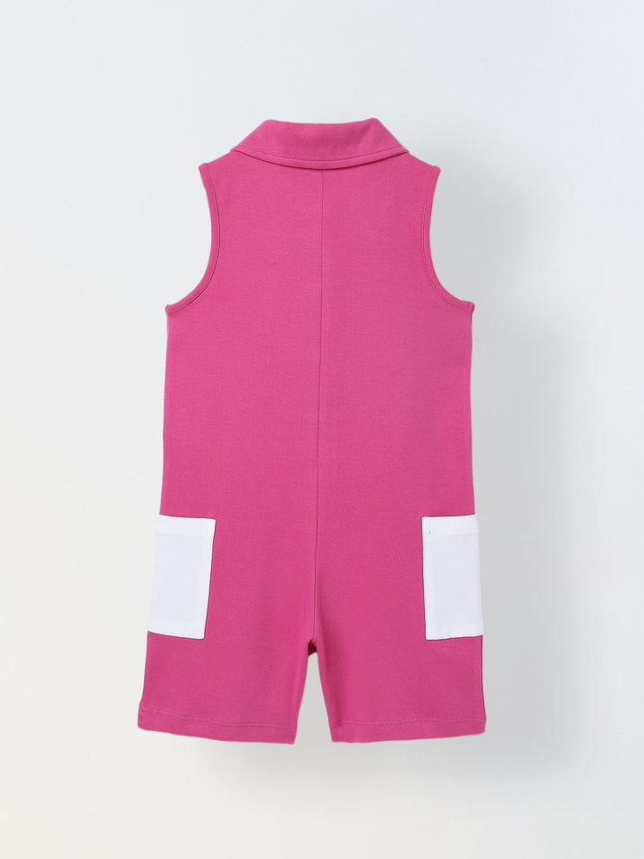Spunkies Pink Girls Color-Blocked Spread Collar Sleeveless Jumpsuit