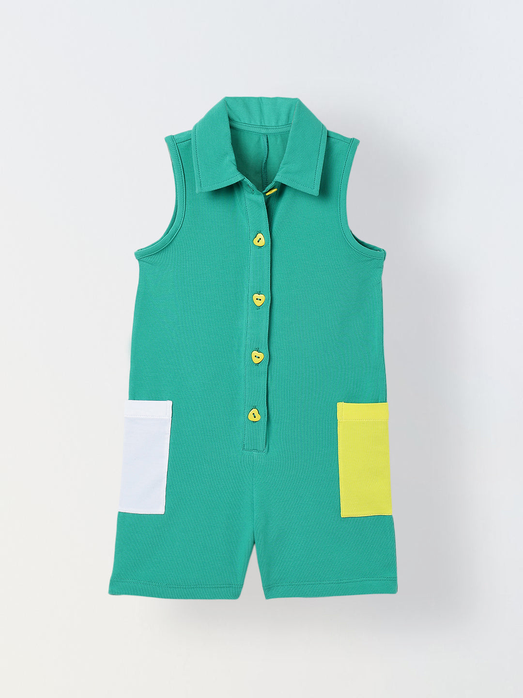 Spunkies Green Girls Color-Blocked Spread Collar Sleeveless Romper