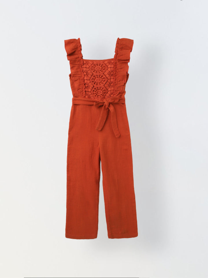 Girls Rust Cotton Ruffled Sleeve Square Neck Jumpsuit
