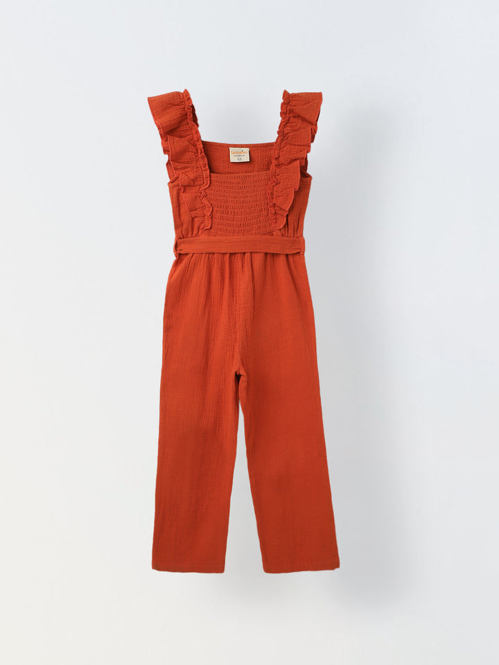 Girls Rust Cotton Ruffled Sleeve Square Neck Jumpsuit