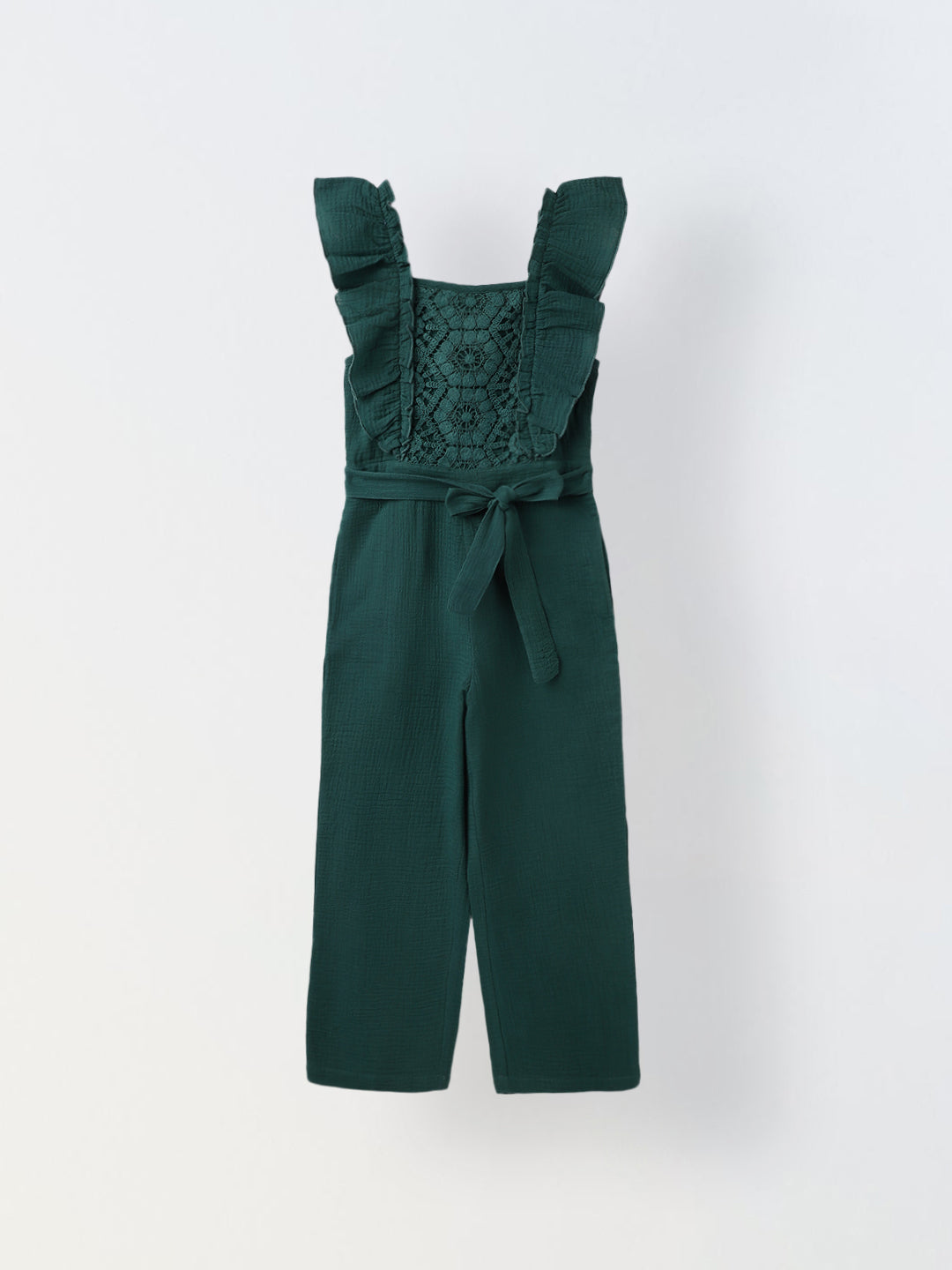 Girls Teal Cotton Ruffled Sleeve Square Neck Jumpsuit