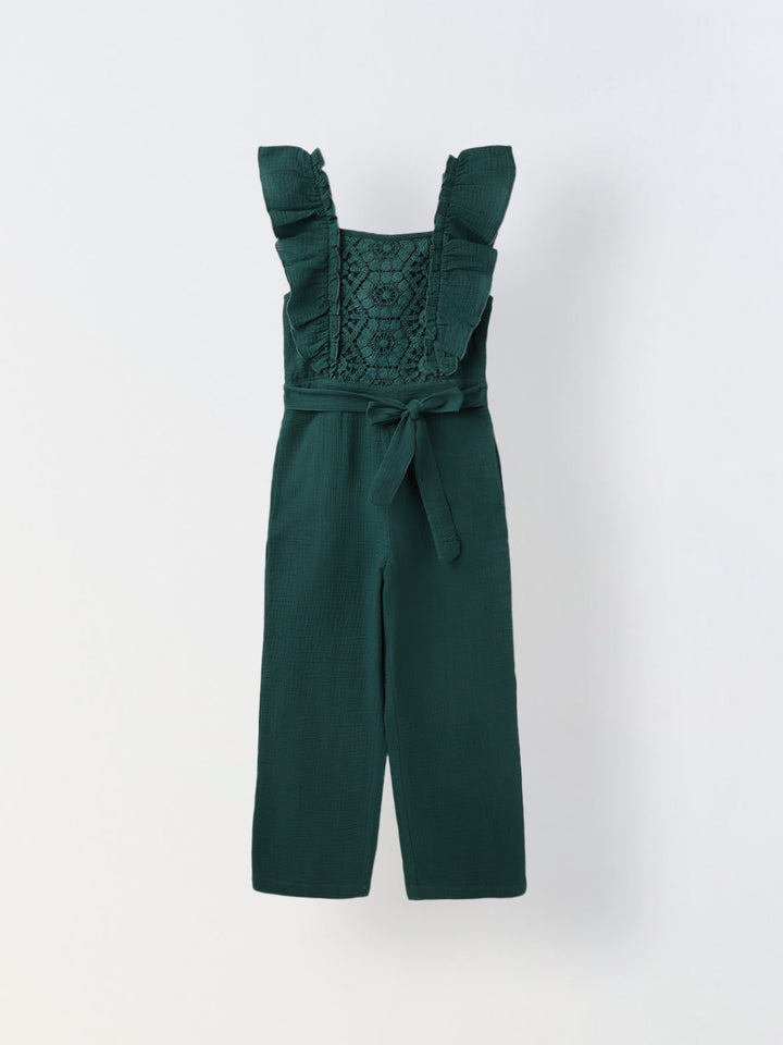 Girls Teal Cotton Ruffled Sleeve Square Neck Jumpsuit