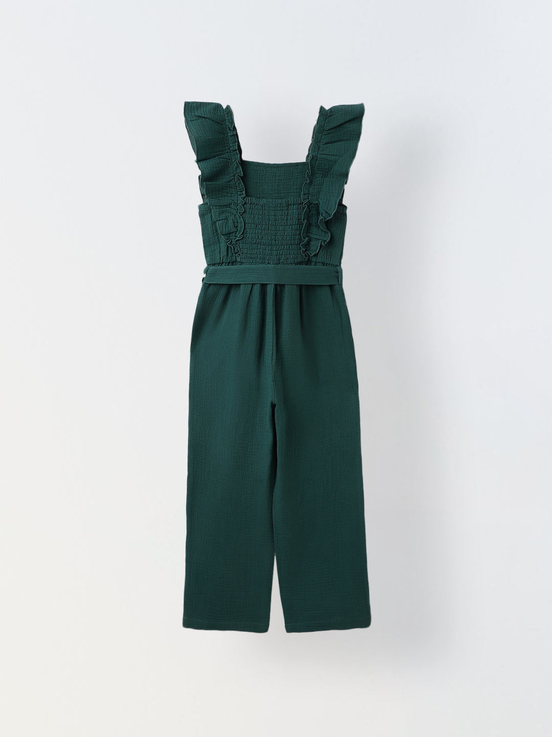Girls Teal Cotton Ruffled Sleeve Square Neck Jumpsuit