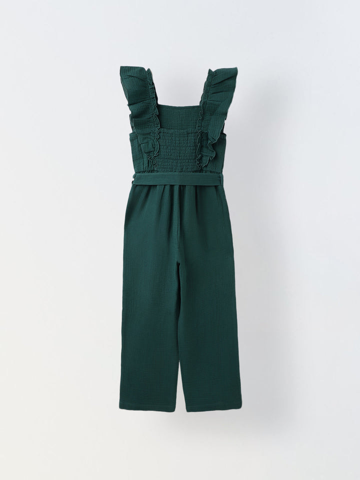 Girls Teal Cotton Ruffled Sleeve Square Neck Jumpsuit