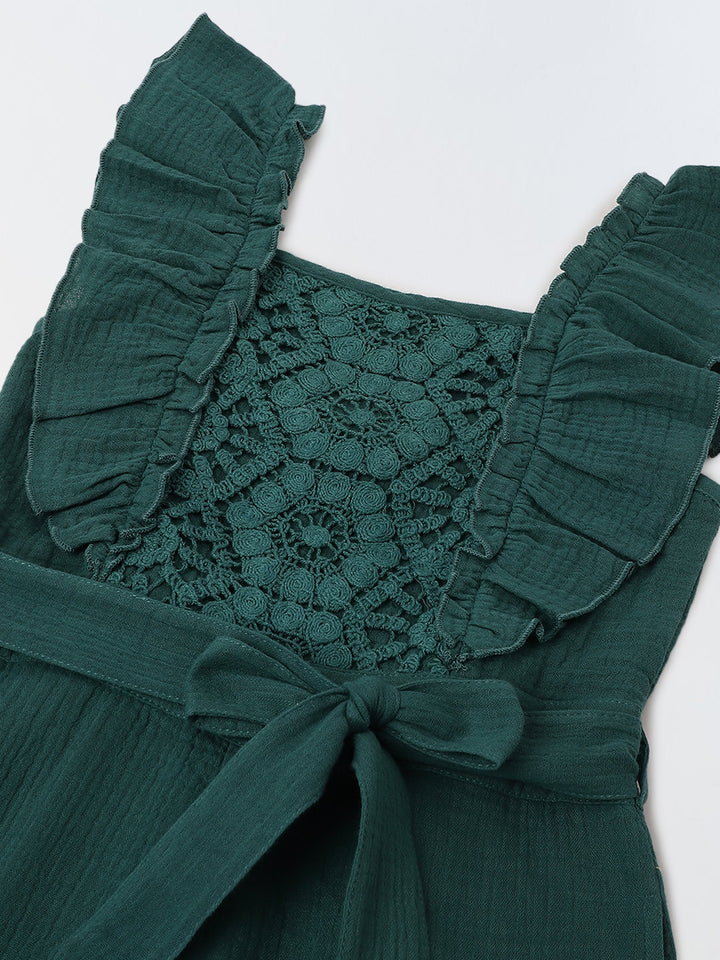 Girls Teal Cotton Ruffled Sleeve Square Neck Jumpsuit