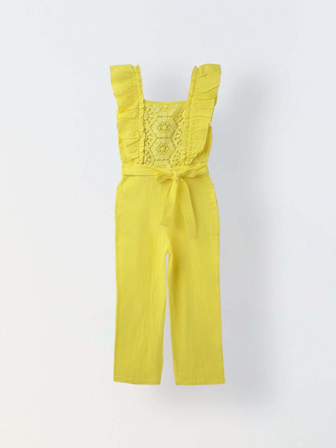 Girls Lime Cotton Ruffled Sleeve Square Neck Jumpsuit
