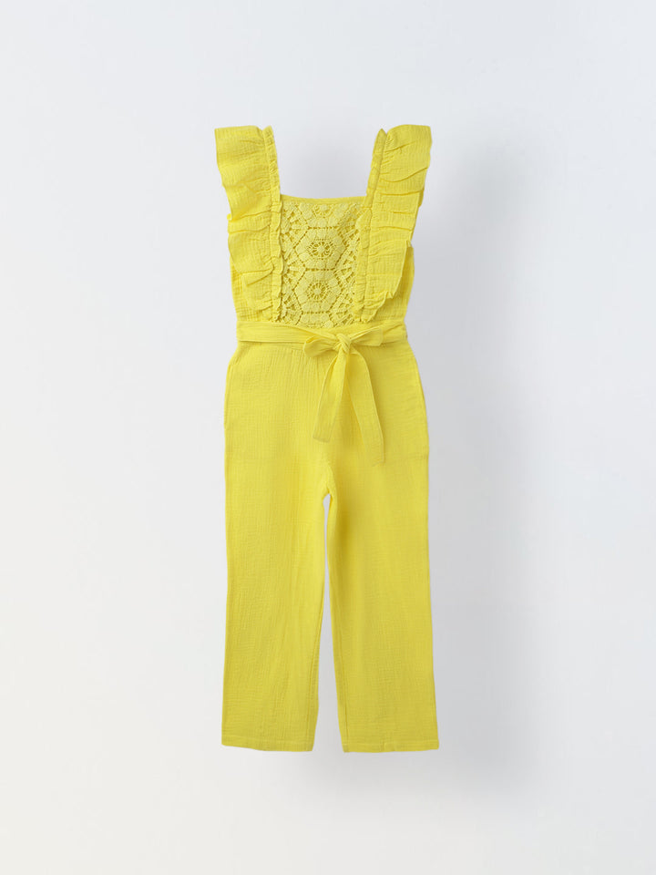 Girls Lime Cotton Ruffled Sleeve Square Neck Jumpsuit