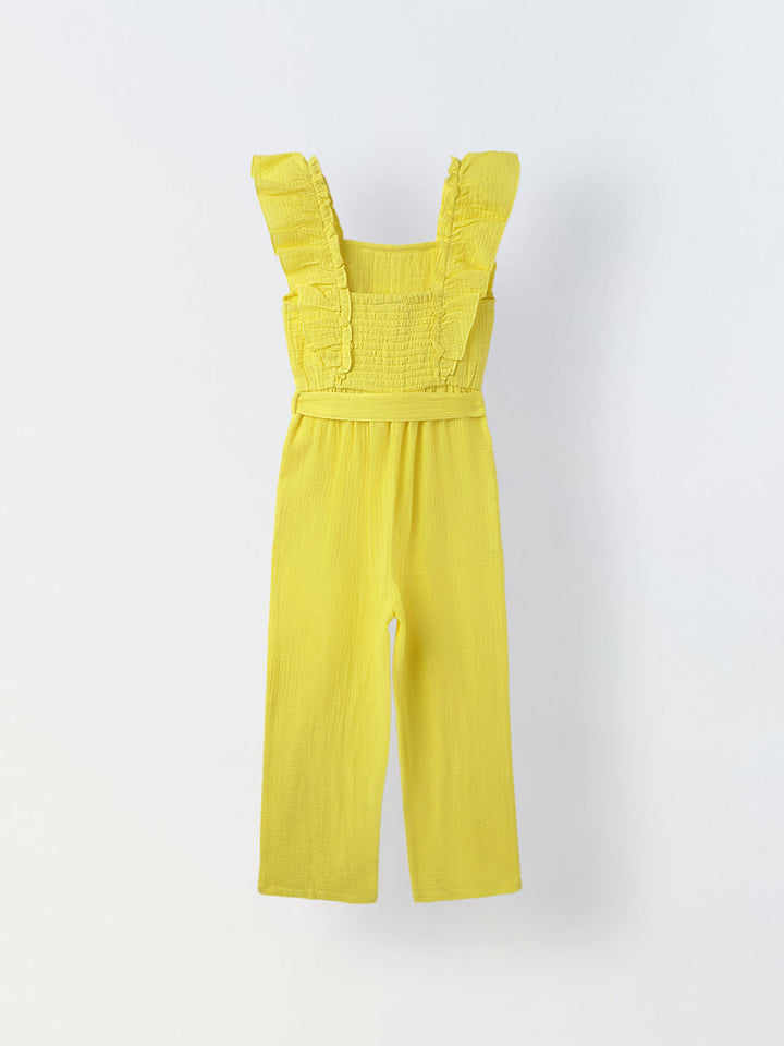 Girls Lime Cotton Ruffled Sleeve Square Neck Jumpsuit
