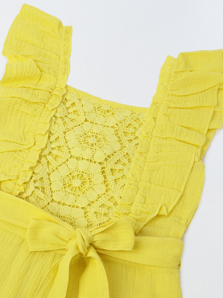 Girls Lime Cotton Ruffled Sleeve Square Neck Jumpsuit
