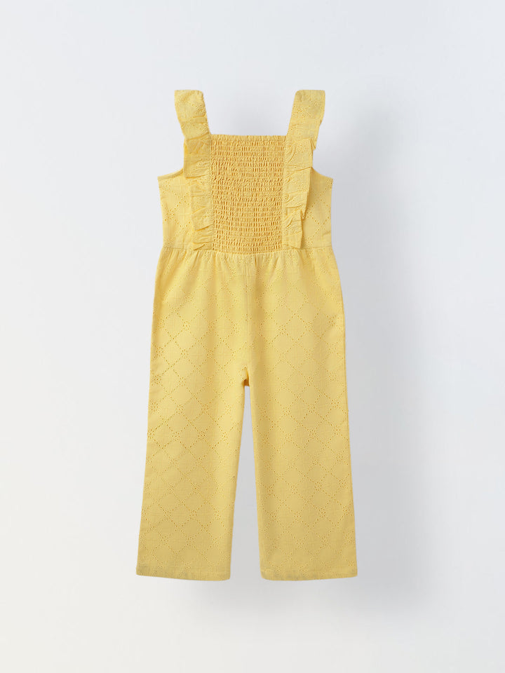 Girls Yellow Cotton Schiffli Raffled Sleeve Jumpsuit