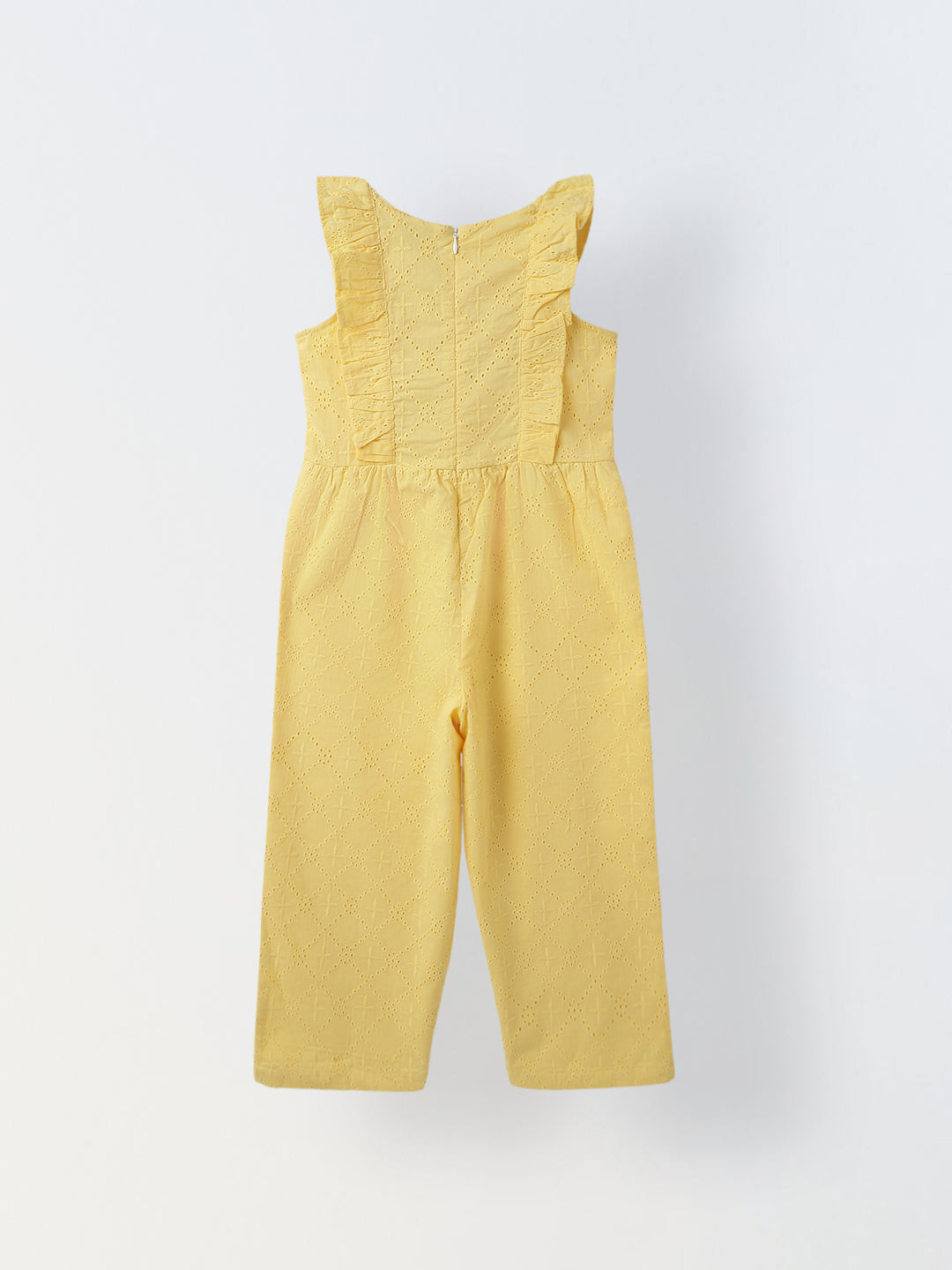 Girls Yellow Cotton Schiffli Raffled Sleeve Jumpsuit