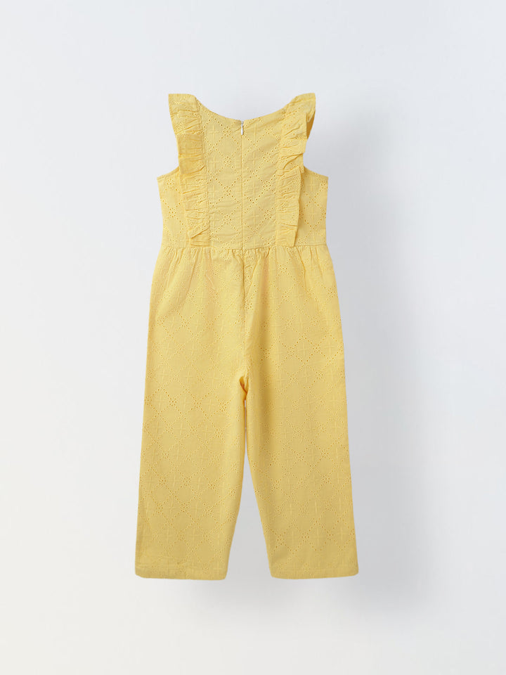 Girls Yellow Cotton Schiffli Raffled Sleeve Jumpsuit