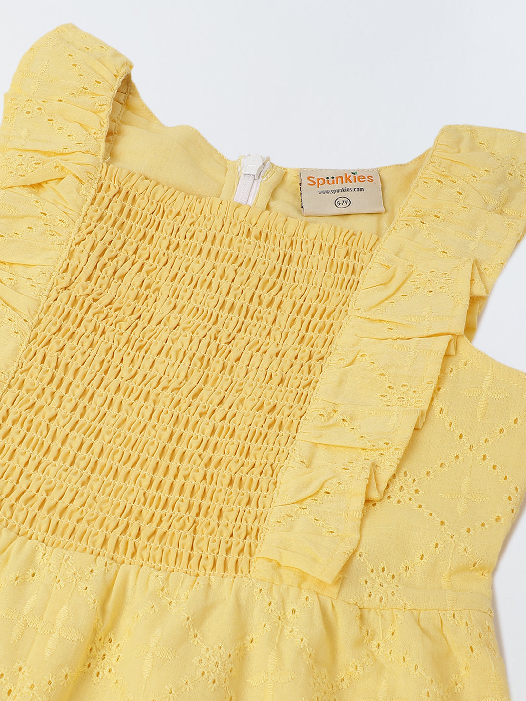 Girls Yellow Cotton Schiffli Raffled Sleeve Jumpsuit