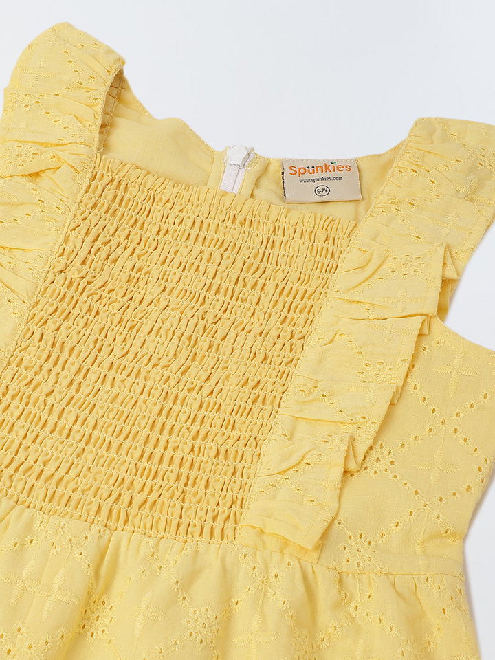 Girls Yellow Cotton Schiffli Raffled Sleeve Jumpsuit