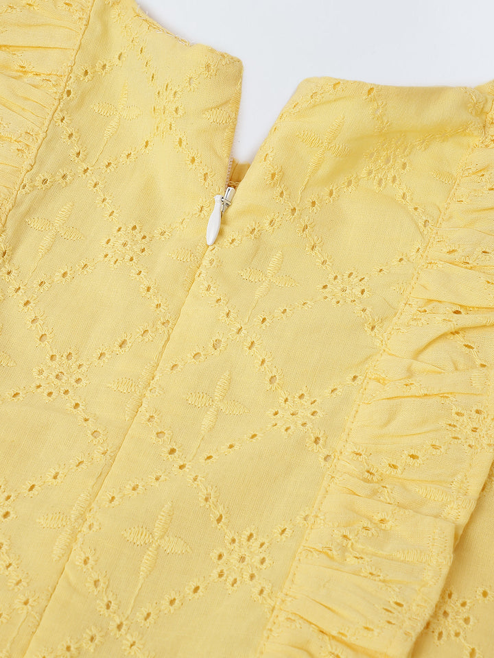 Girls Yellow Cotton Schiffli Raffled Sleeve Jumpsuit