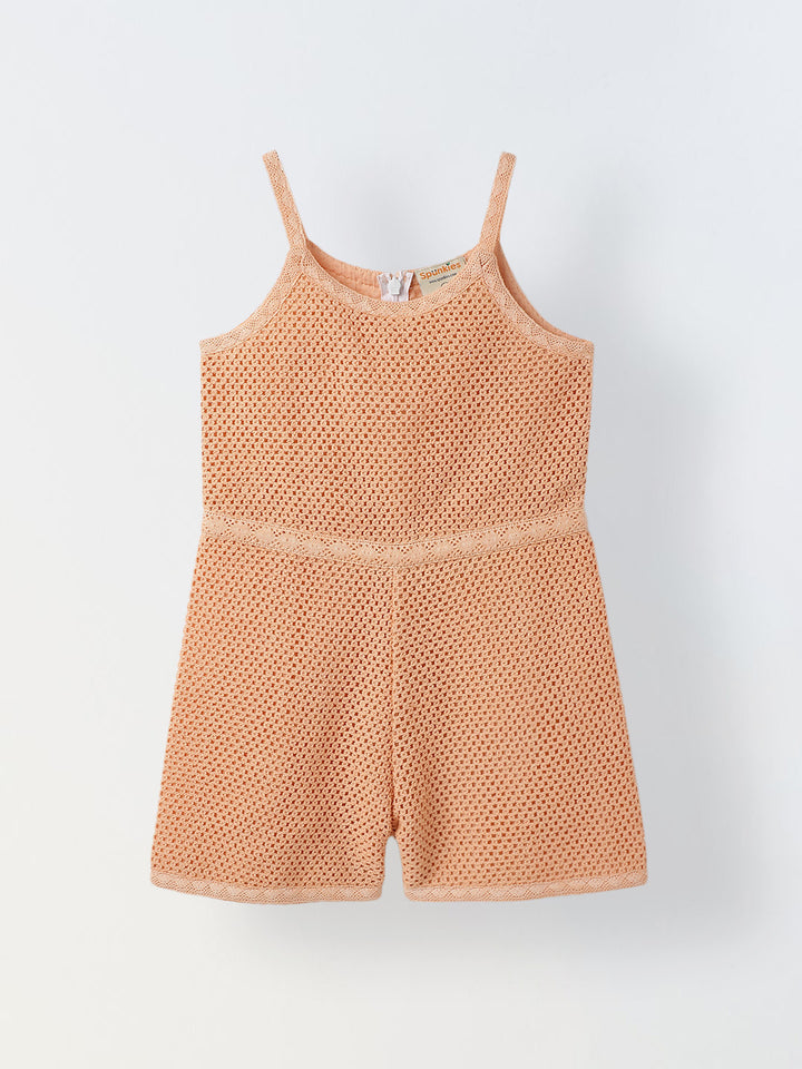 Girls Peach Crochet  Sleeveless Jumpsuit
