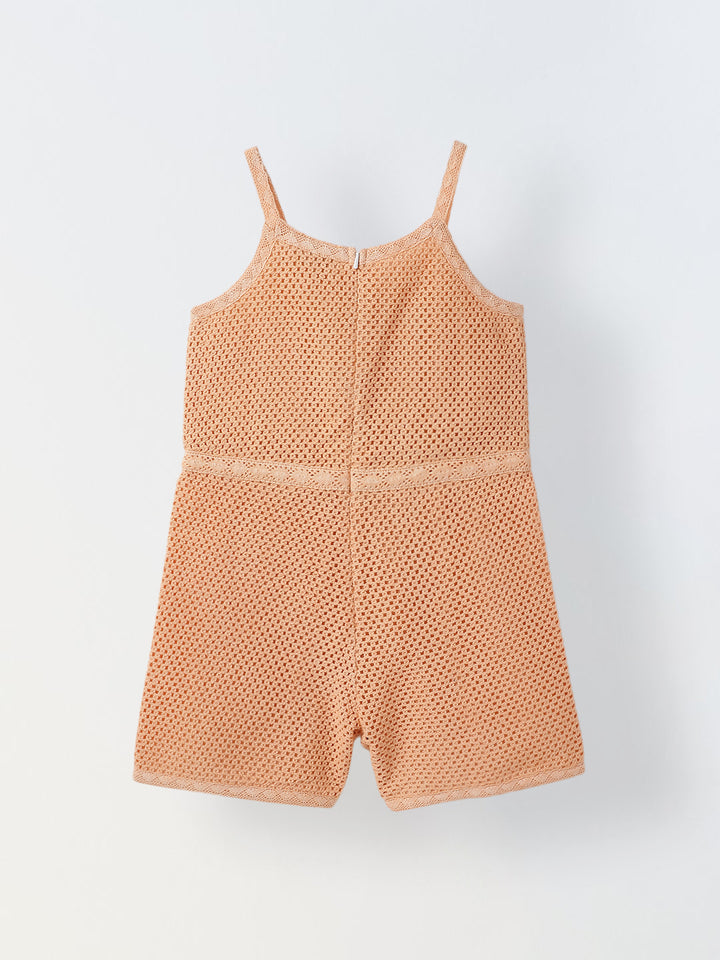 Girls Peach Crochet  Sleeveless Jumpsuit
