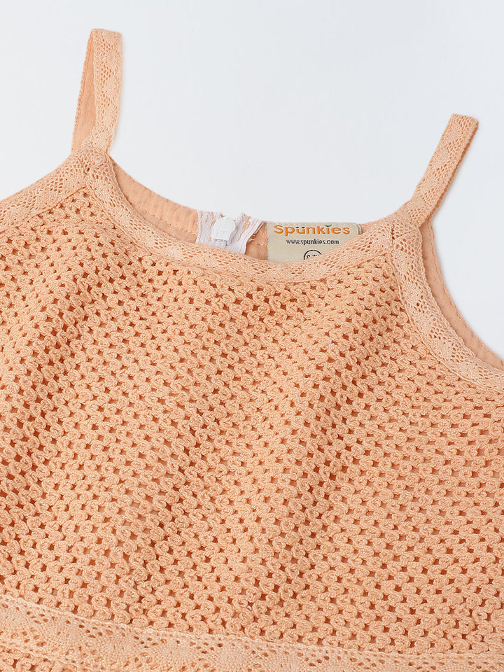 Girls Peach Crochet  Sleeveless Jumpsuit